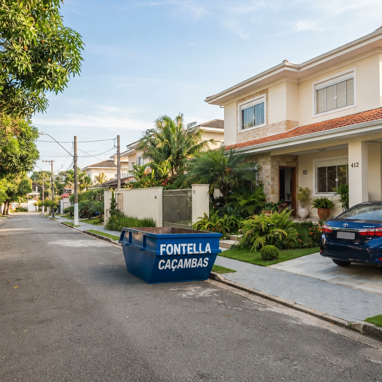 Caçamba Fontella azul estacionada na rua em frente a uma casa residencial